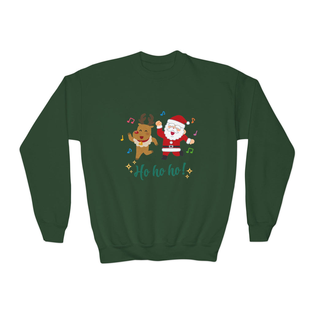 Green sweatshirt with Christmas-themed design featuring Santa Claus and reindeer on a white background