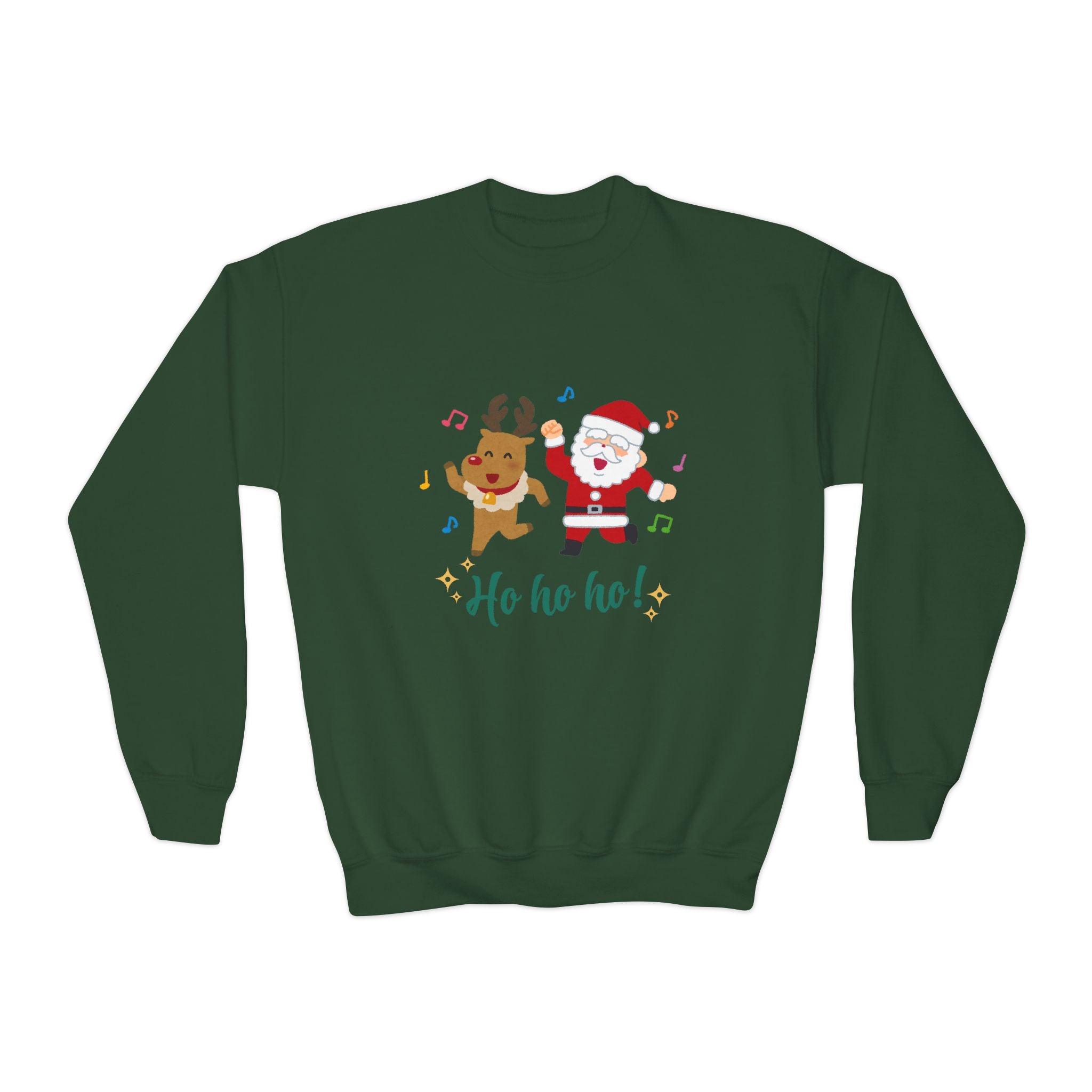 Green sweatshirt with Christmas-themed design featuring Santa Claus and reindeer on a white background