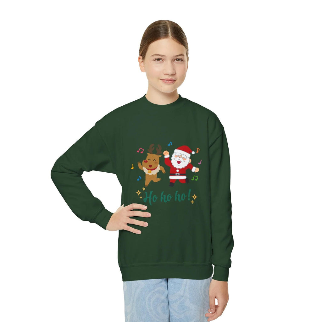 Person wearing a green Christmas-themed sweatshirt with Santa and reindeer design on a white background