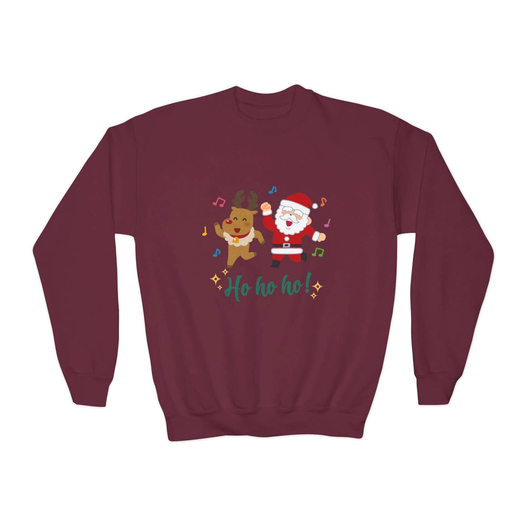Maroon sweatshirt with Christmas design featuring Santa Claus and reindeer on a white background