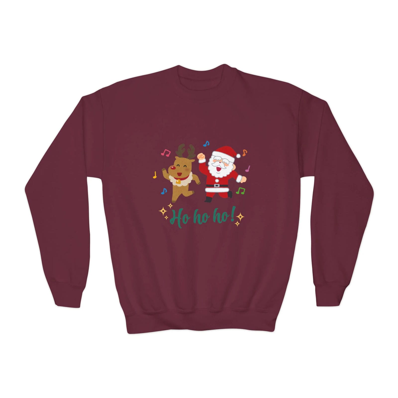 Maroon sweatshirt with Christmas design featuring Santa Claus and reindeer on a white background