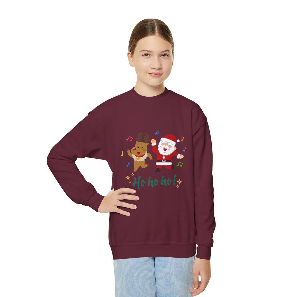 Person wearing a maroon sweatshirt with Christmas-themed design on a white background