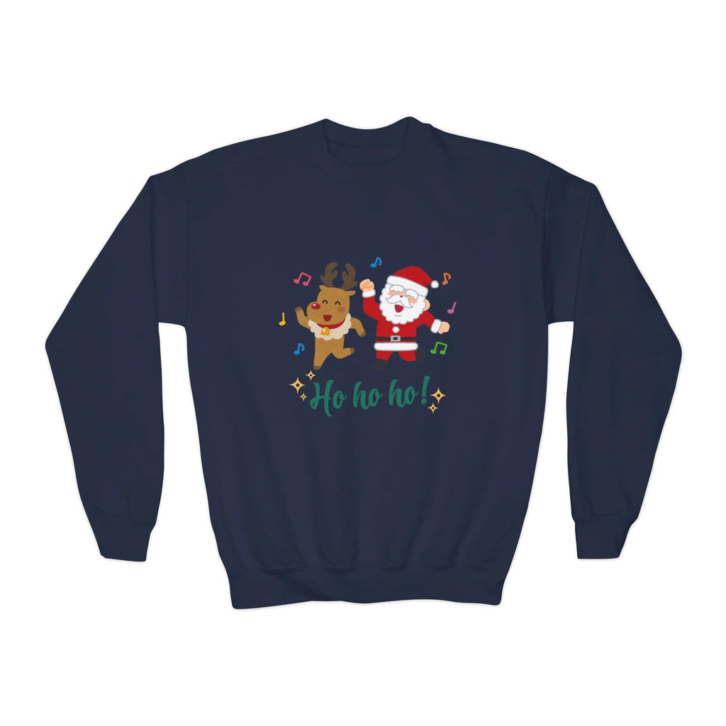 Navy blue sweatshirt with Christmas design featuring Santa Claus and reindeer on a white background