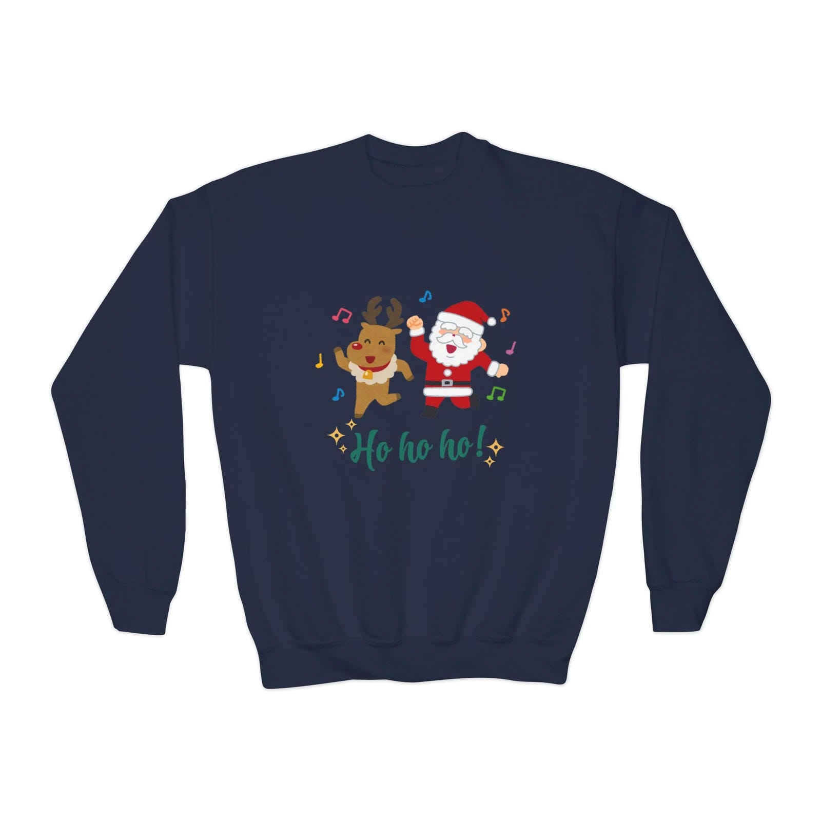 Navy blue sweatshirt with Christmas design featuring Santa Claus and reindeer on a white background