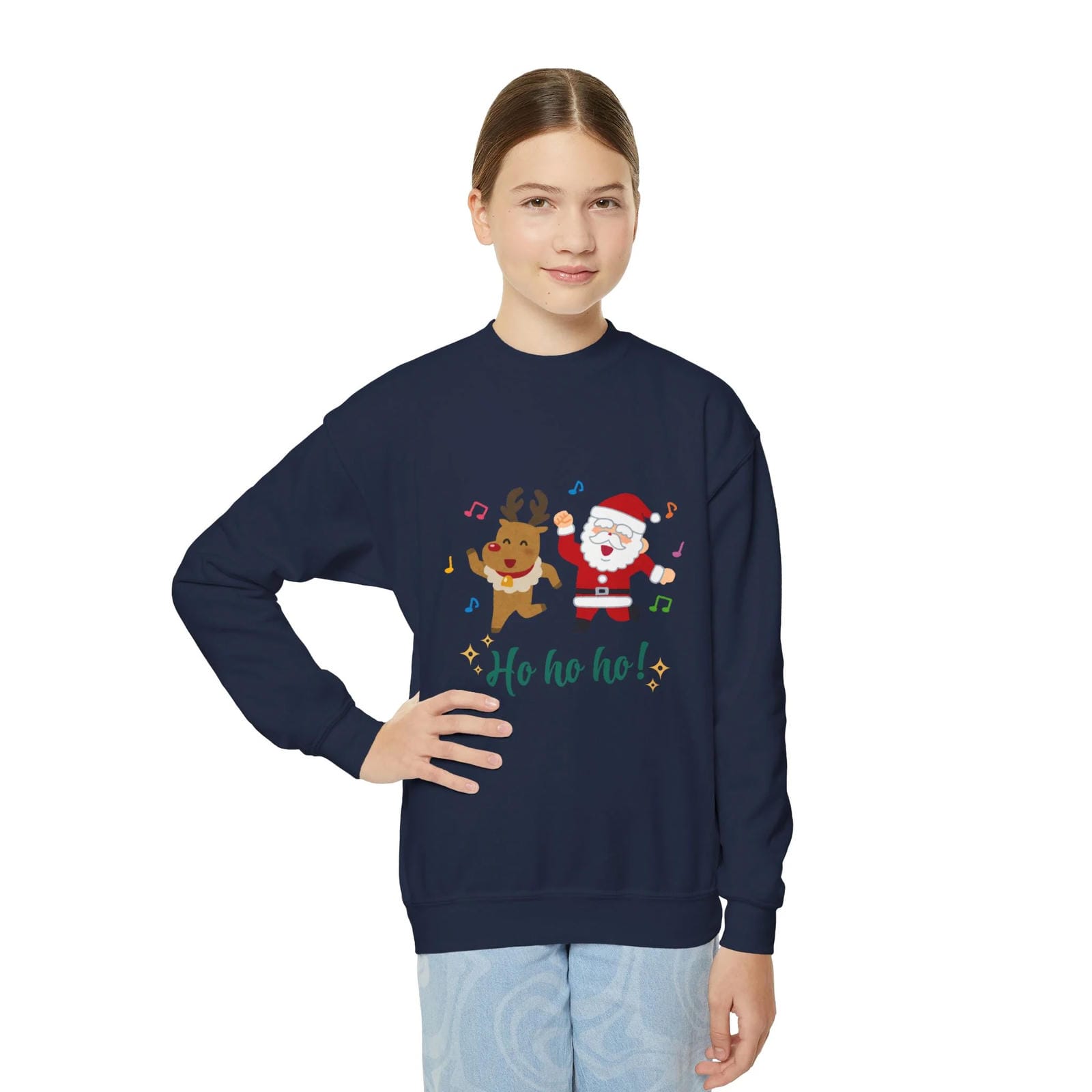 Navy blue sweatshirt with Christmas design featuring Santa and reindeer on a white background