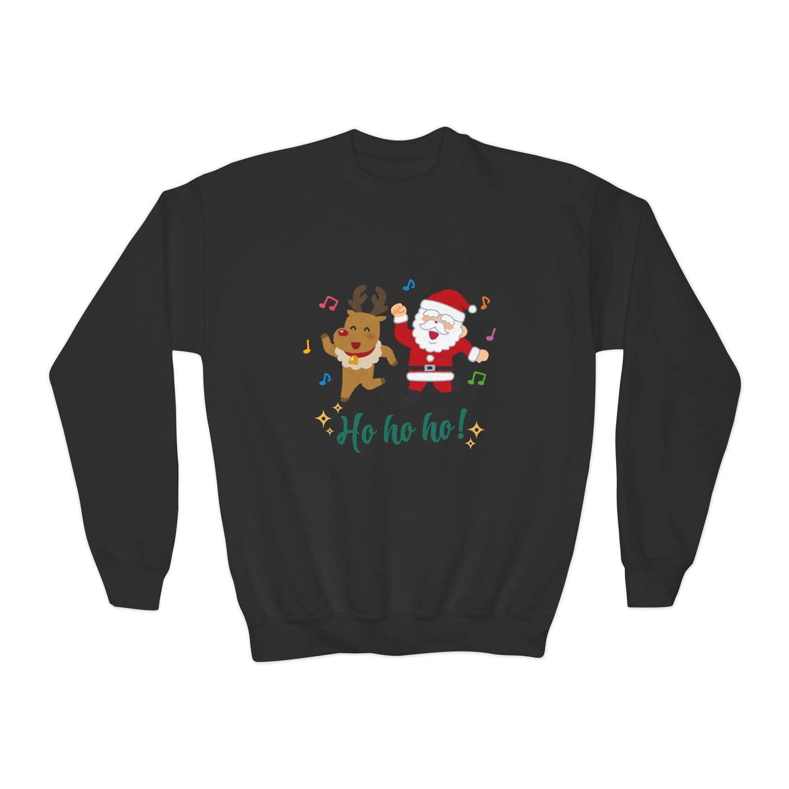 Black sweatshirt with Christmas design featuring Santa Claus and reindeer on a white background