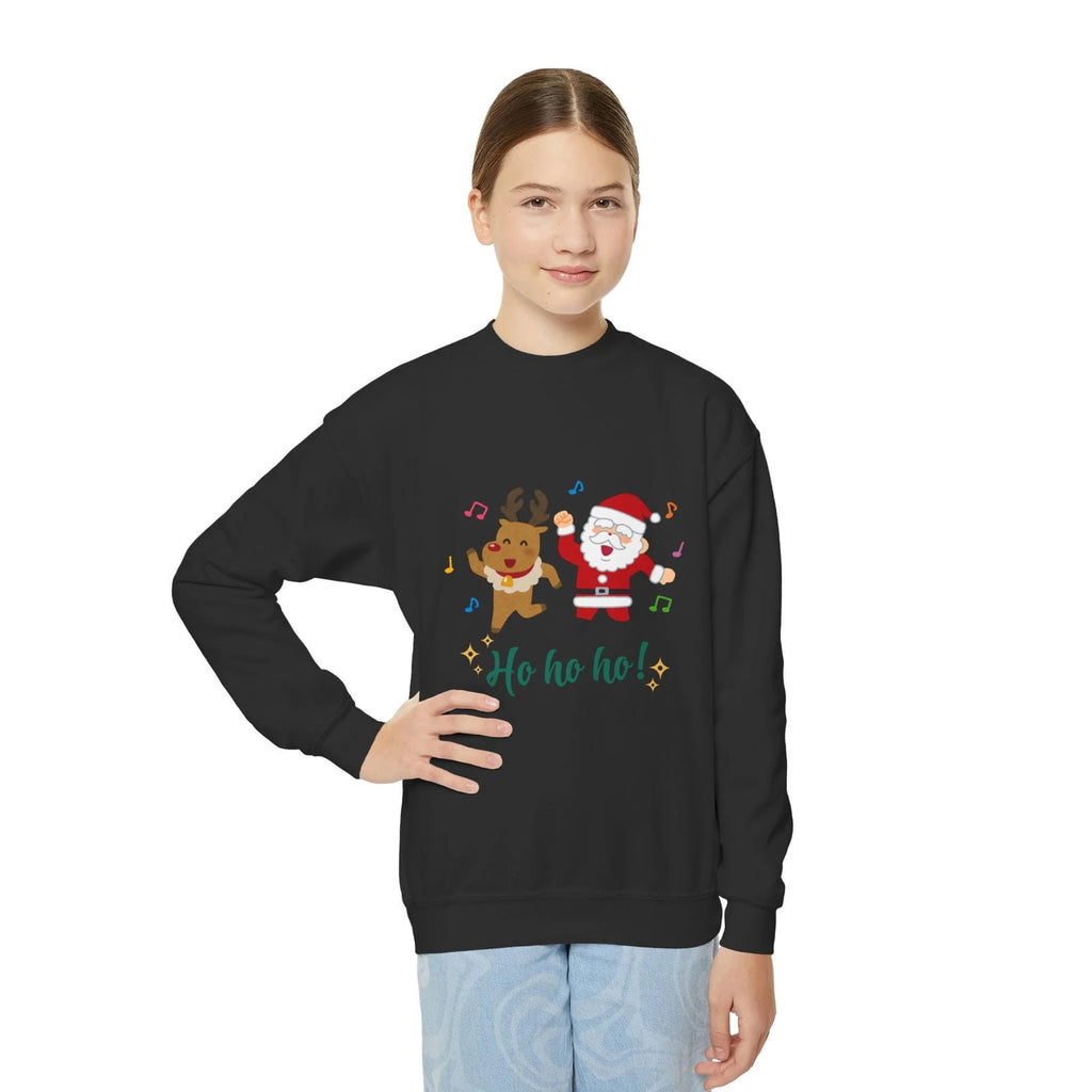 Person wearing a black Christmas-themed sweatshirt with Santa and reindeer design on a white background