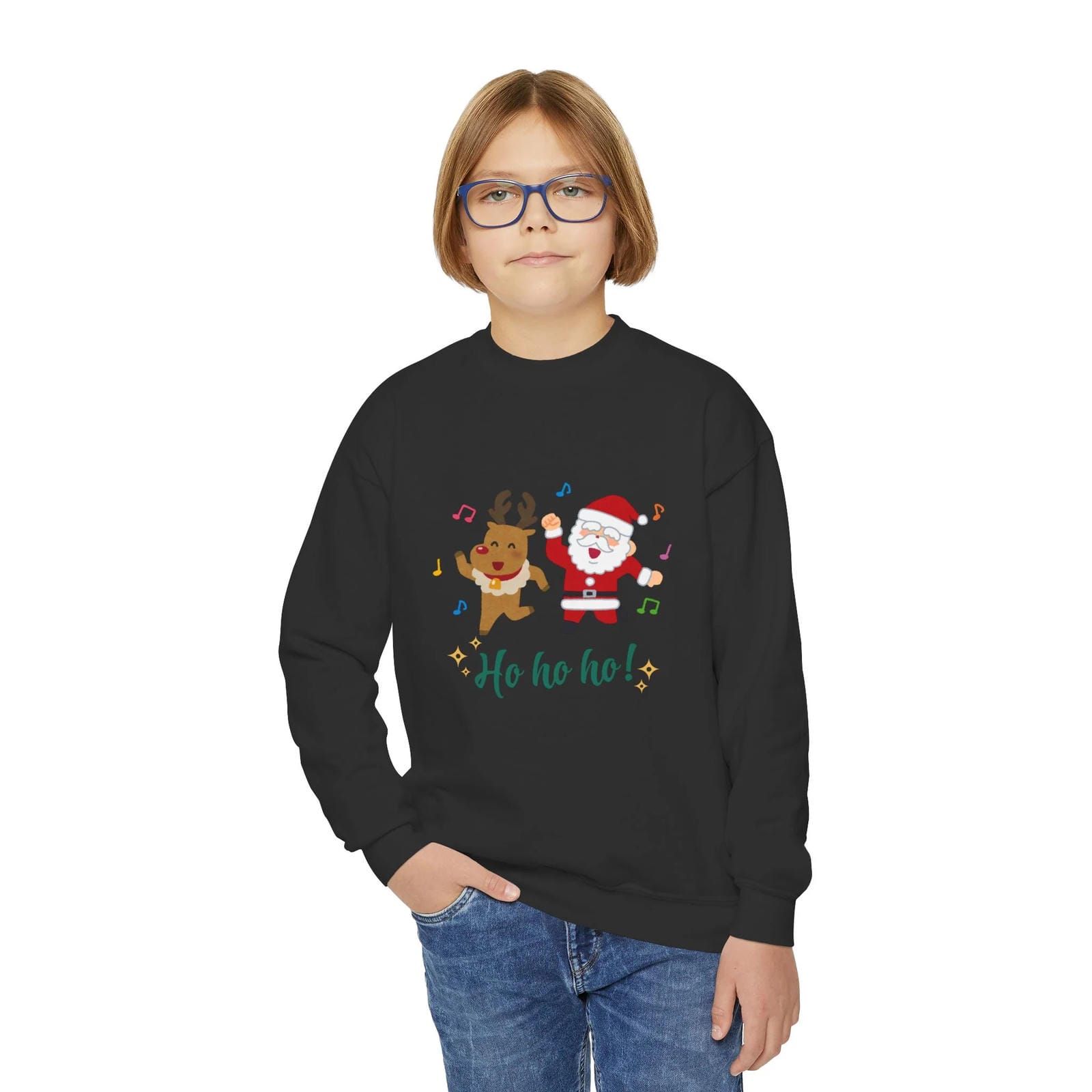 Child wearing a black Christmas-themed sweatshirt with Santa Claus and reindeer design on a white background