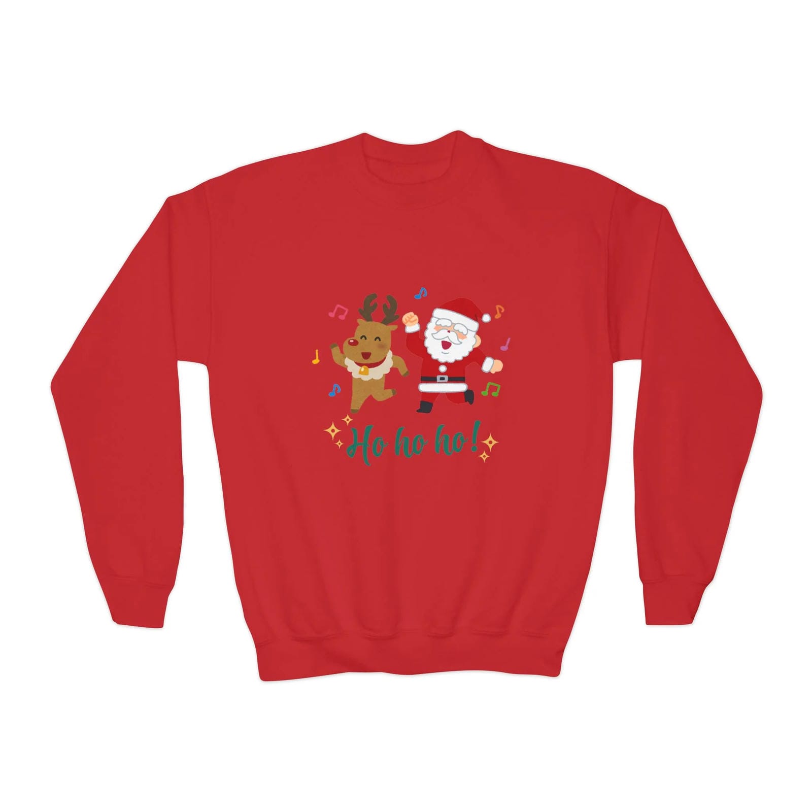 Red sweatshirt with Christmas-themed design on a white background