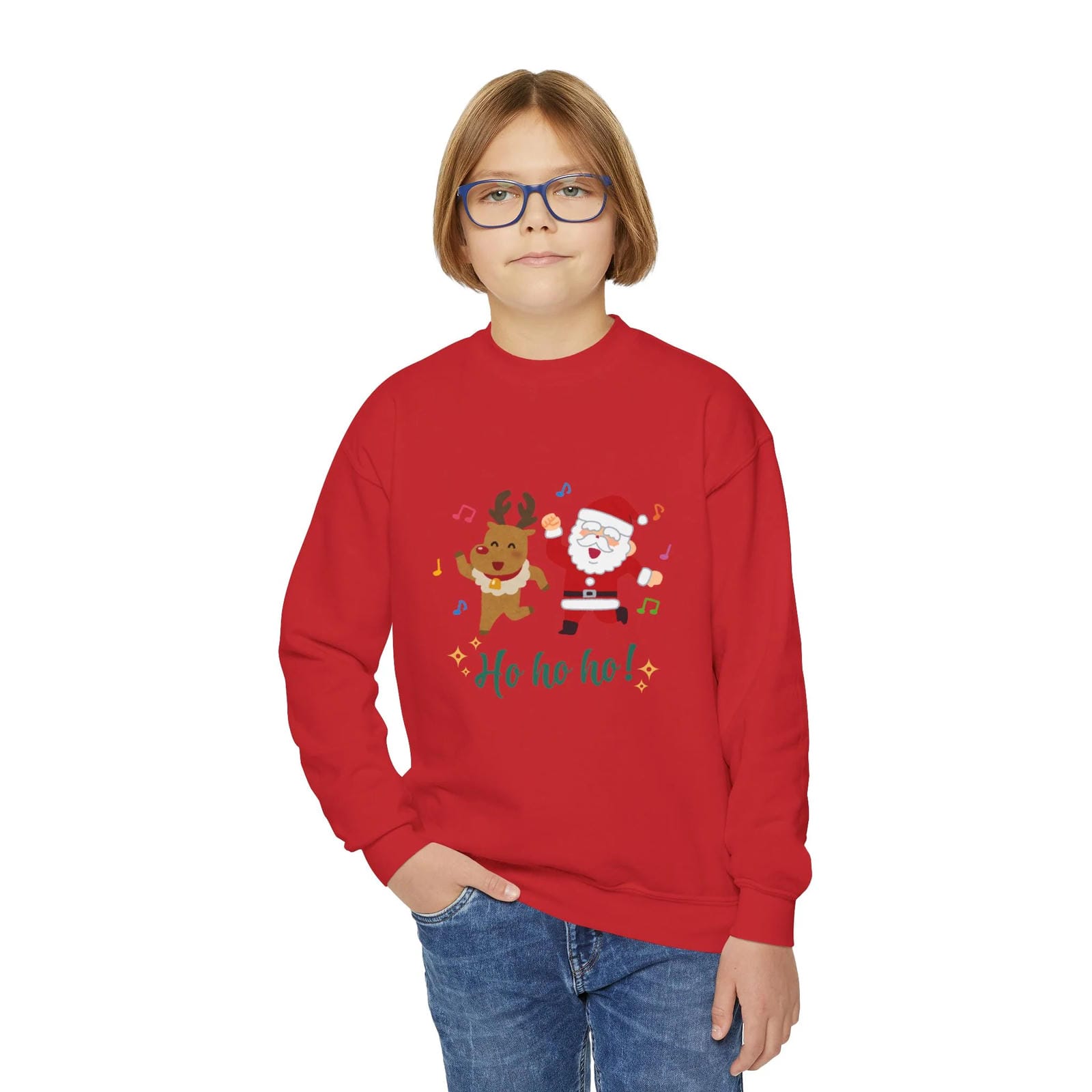 Child wearing a red Christmas-themed sweatshirt with a reindeer and Santa Claus design on a white background.