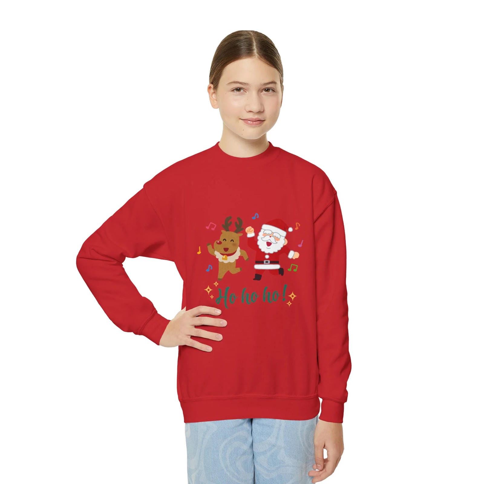 Person wearing a red Christmas-themed sweatshirt with a reindeer and Santa Claus design on a white background.