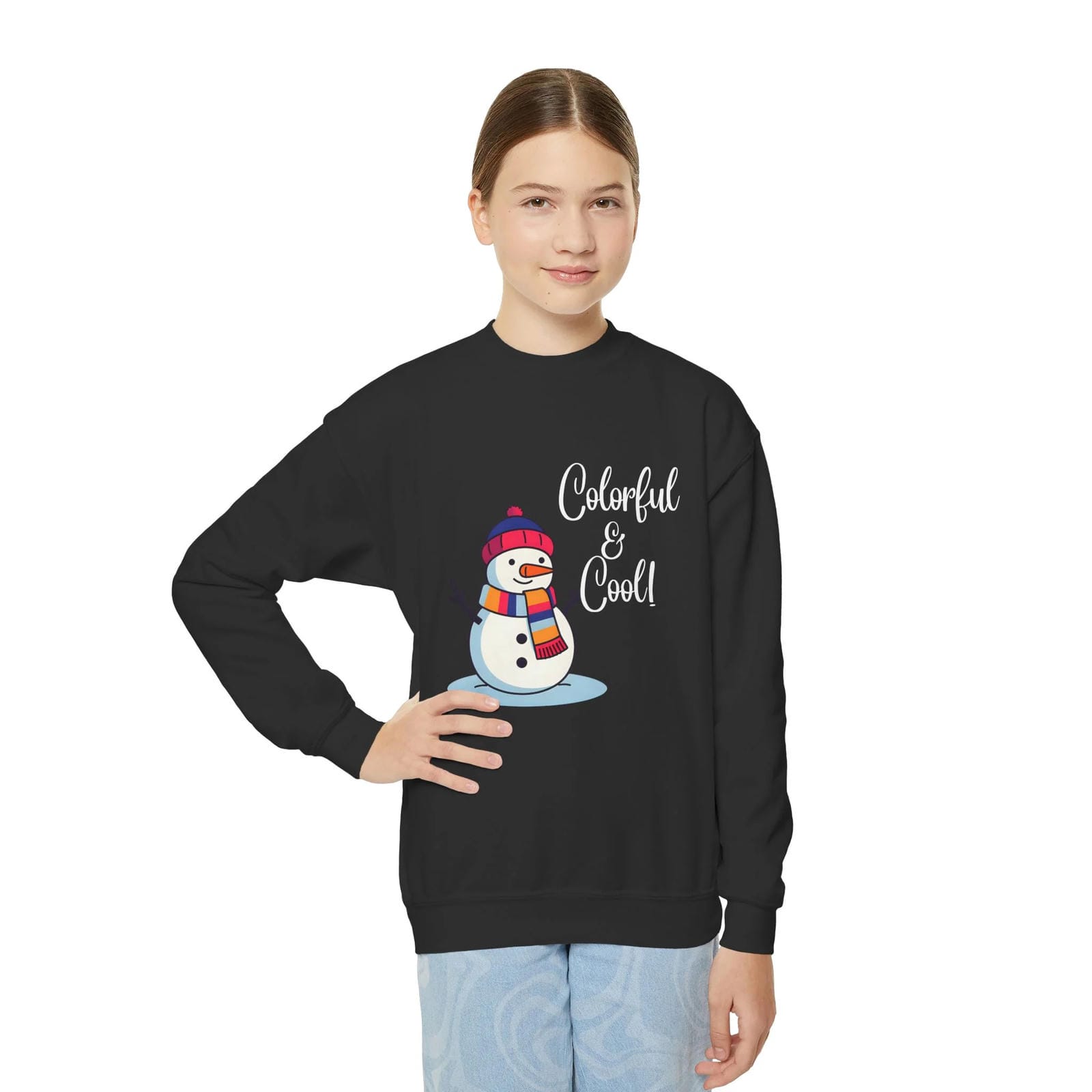 Person wearing a black sweatshirt with a snowman graphic and text on a white background