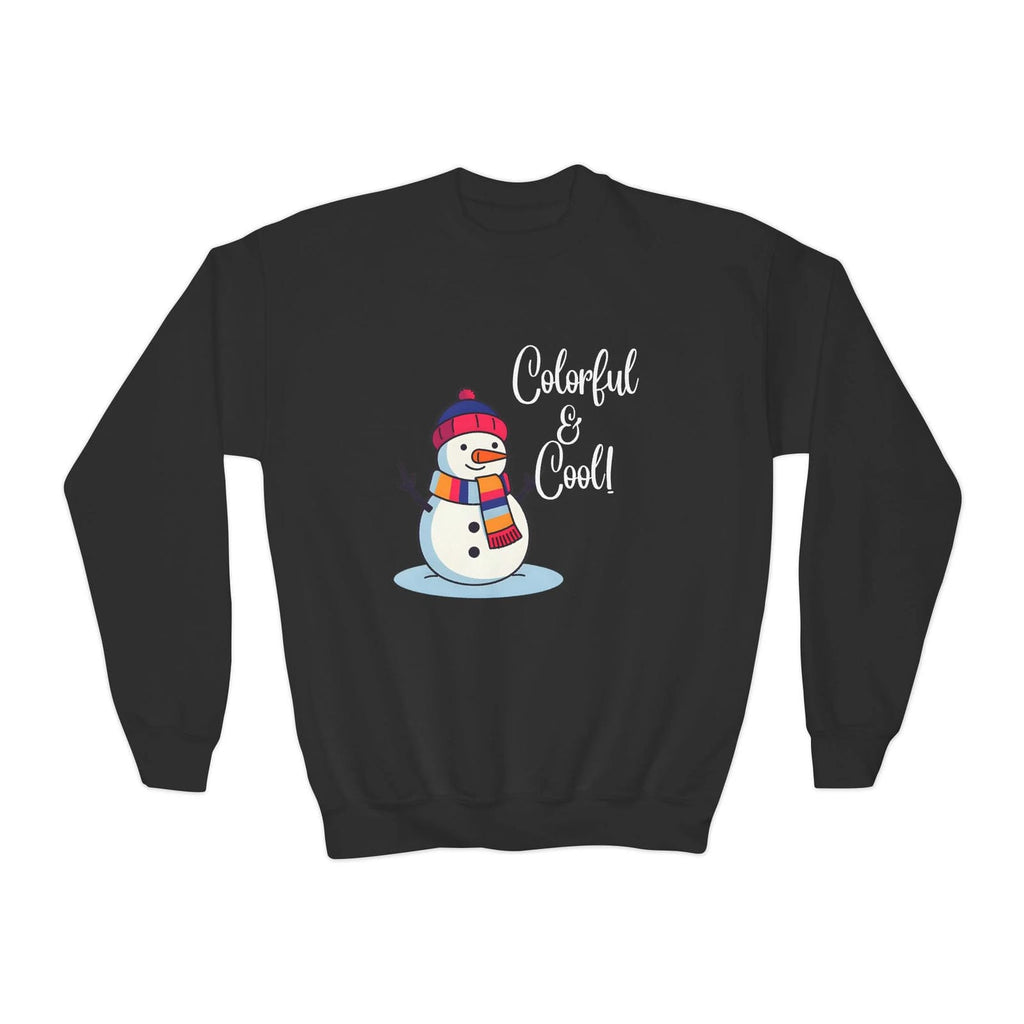 Black sweatshirt with a snowman design and text on a white background