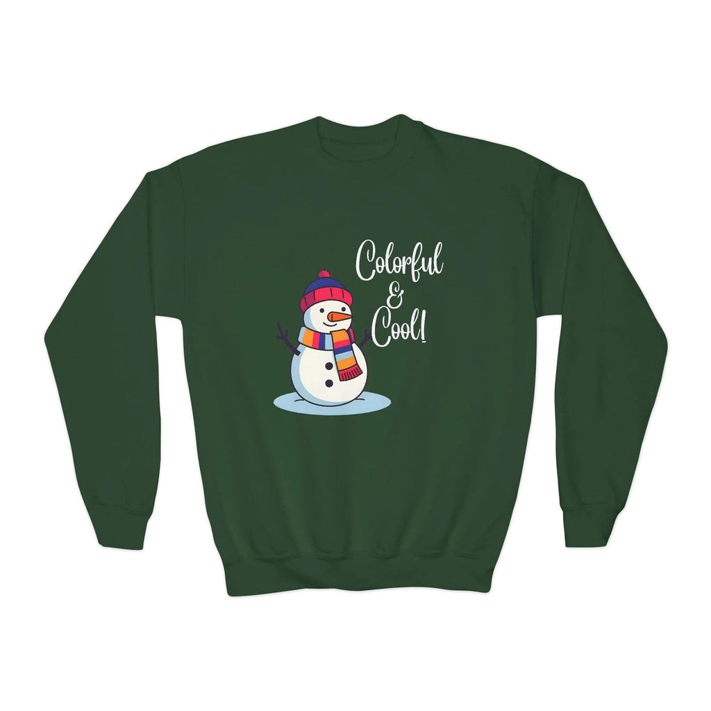 Green sweatshirt with a snowman design and text on a white background