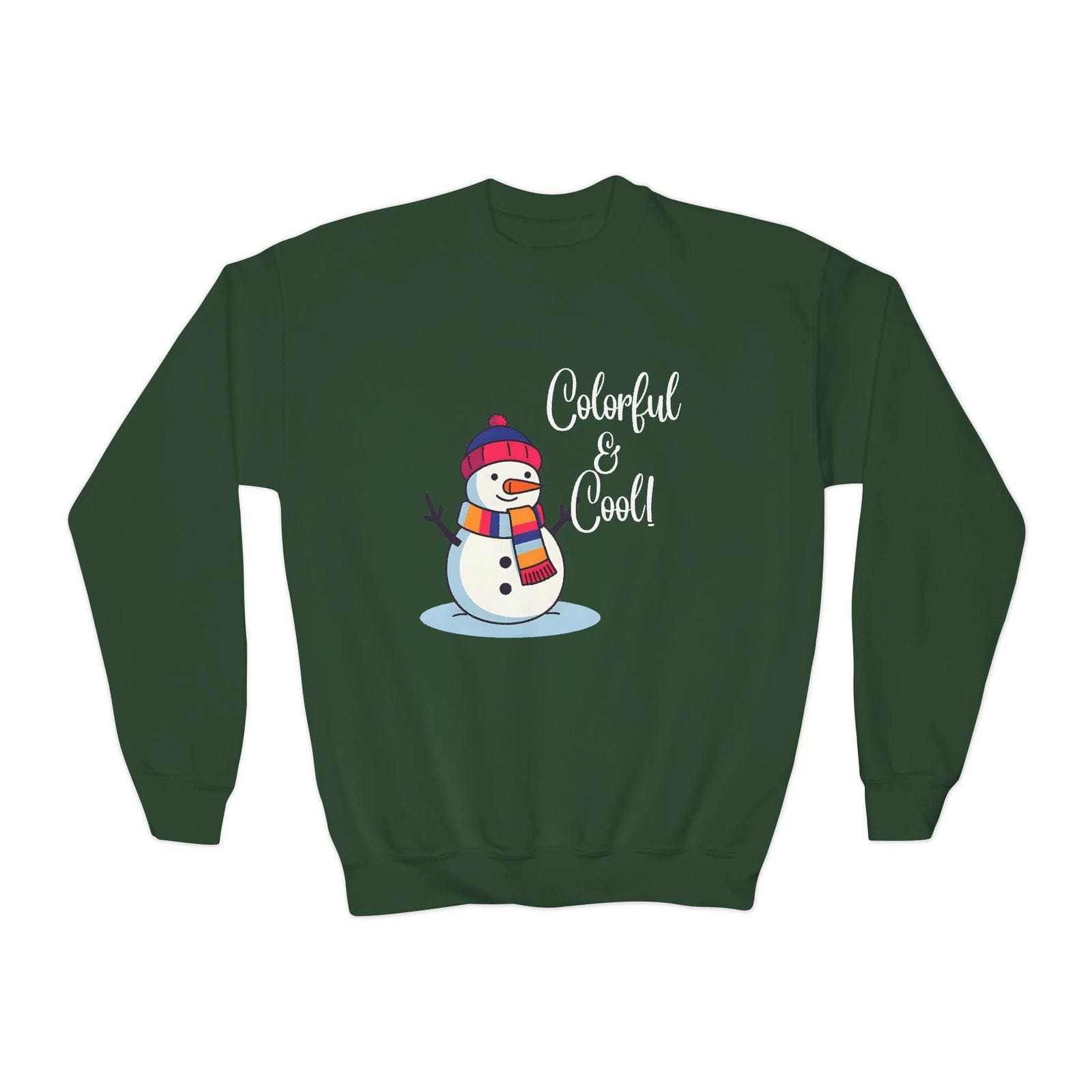 Green sweatshirt with a snowman design and text on a white background