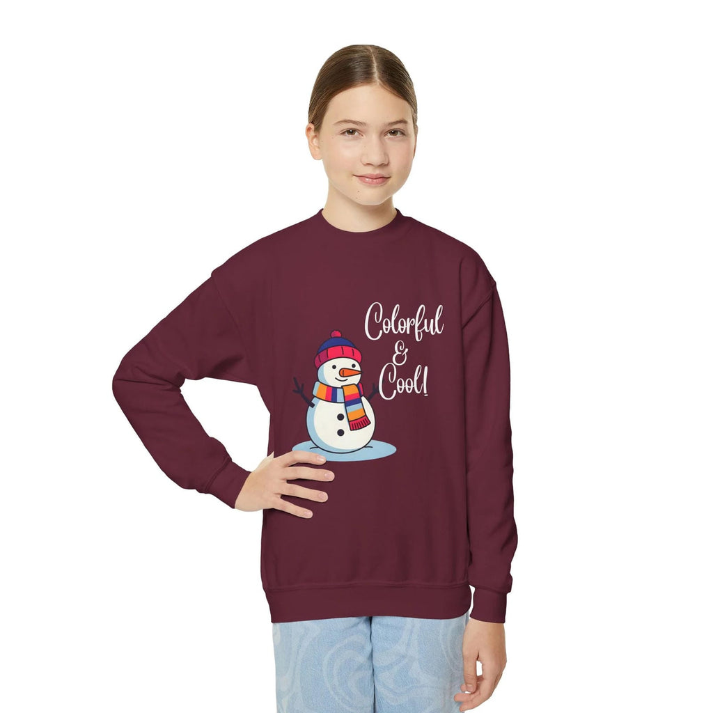 Person wearing a maroon sweatshirt with a snowman graphic and text on a white background