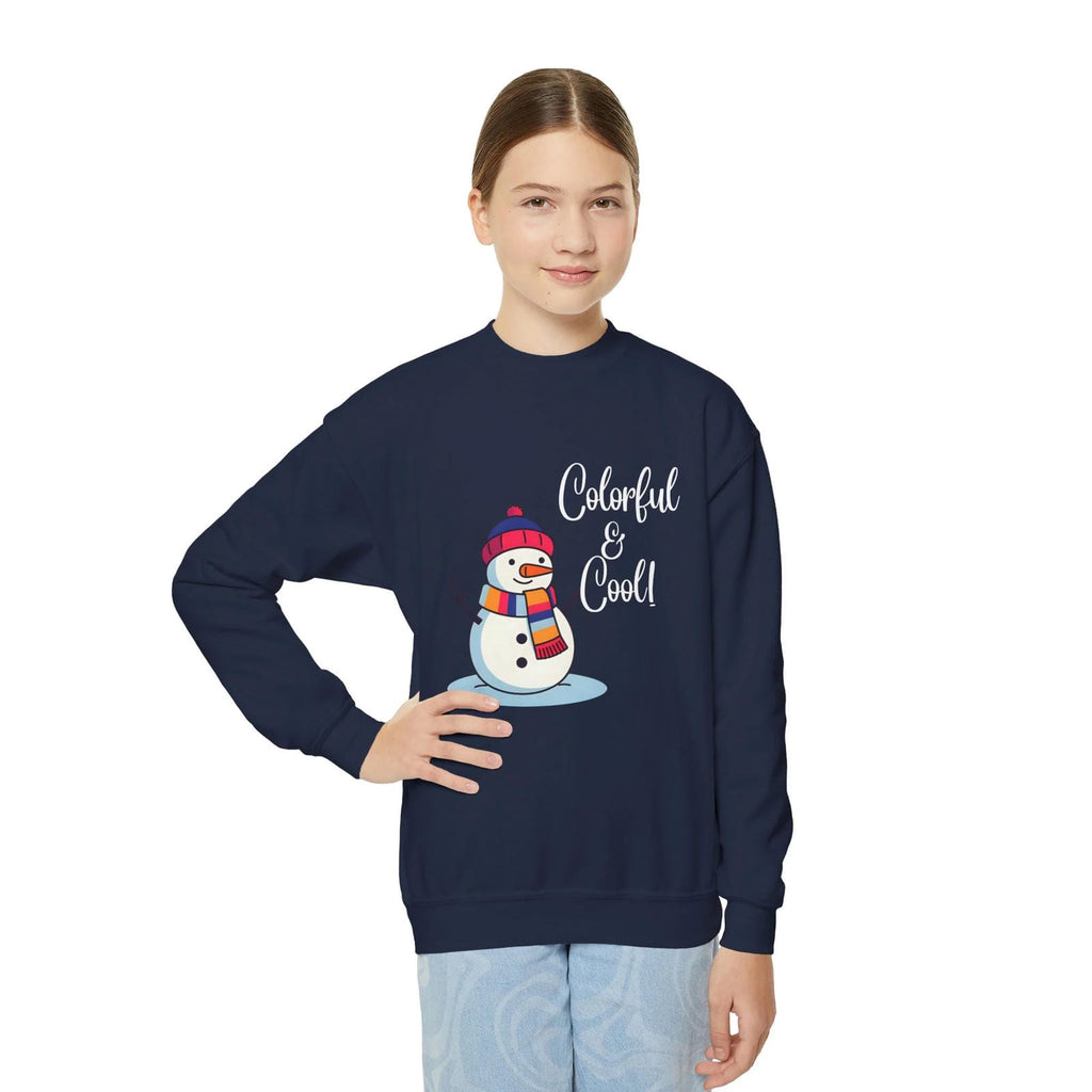 Person wearing a navy blue sweatshirt with a snowman graphic and text on a white background