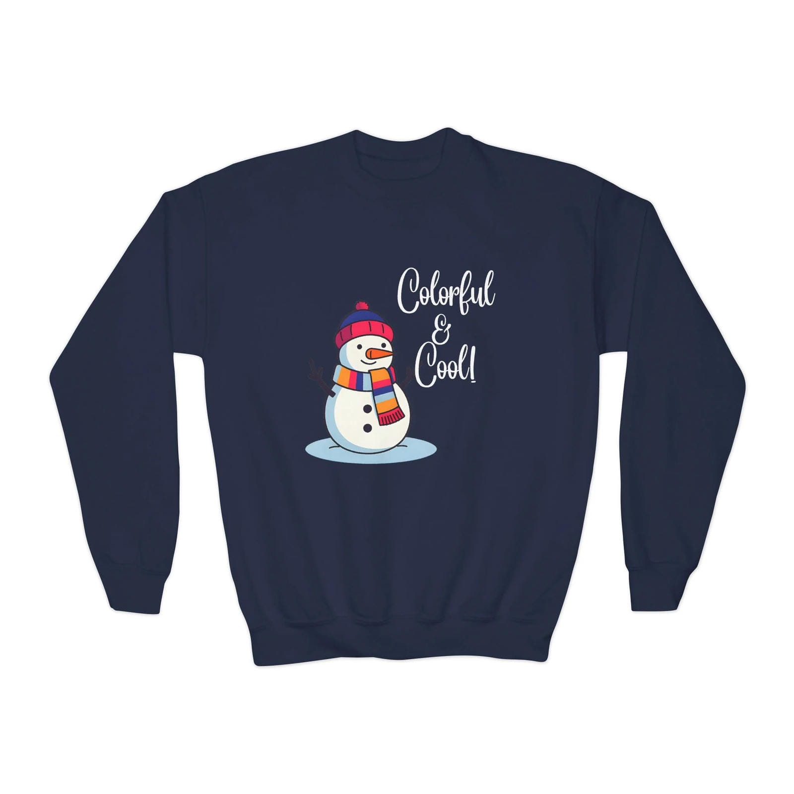 Navy blue sweatshirt with a snowman graphic and text on a white background