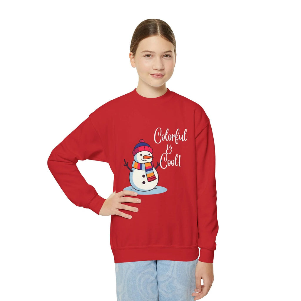 Person wearing a red sweatshirt with a snowman graphic and text on a white background