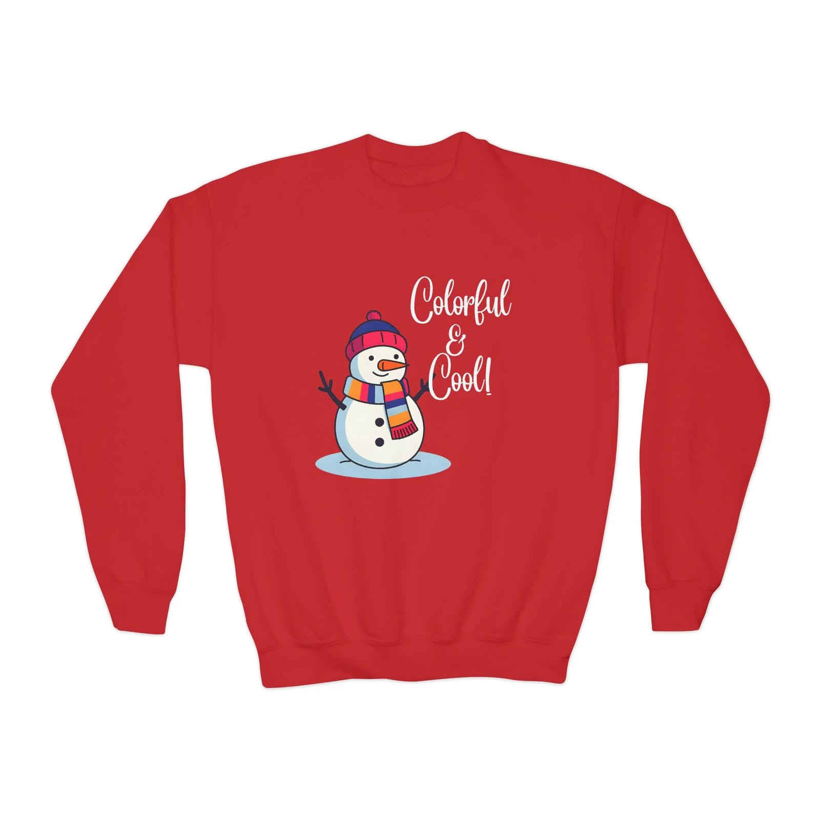 Red sweatshirt with a snowman graphic and 'Colorful & Cool!' text on a white background