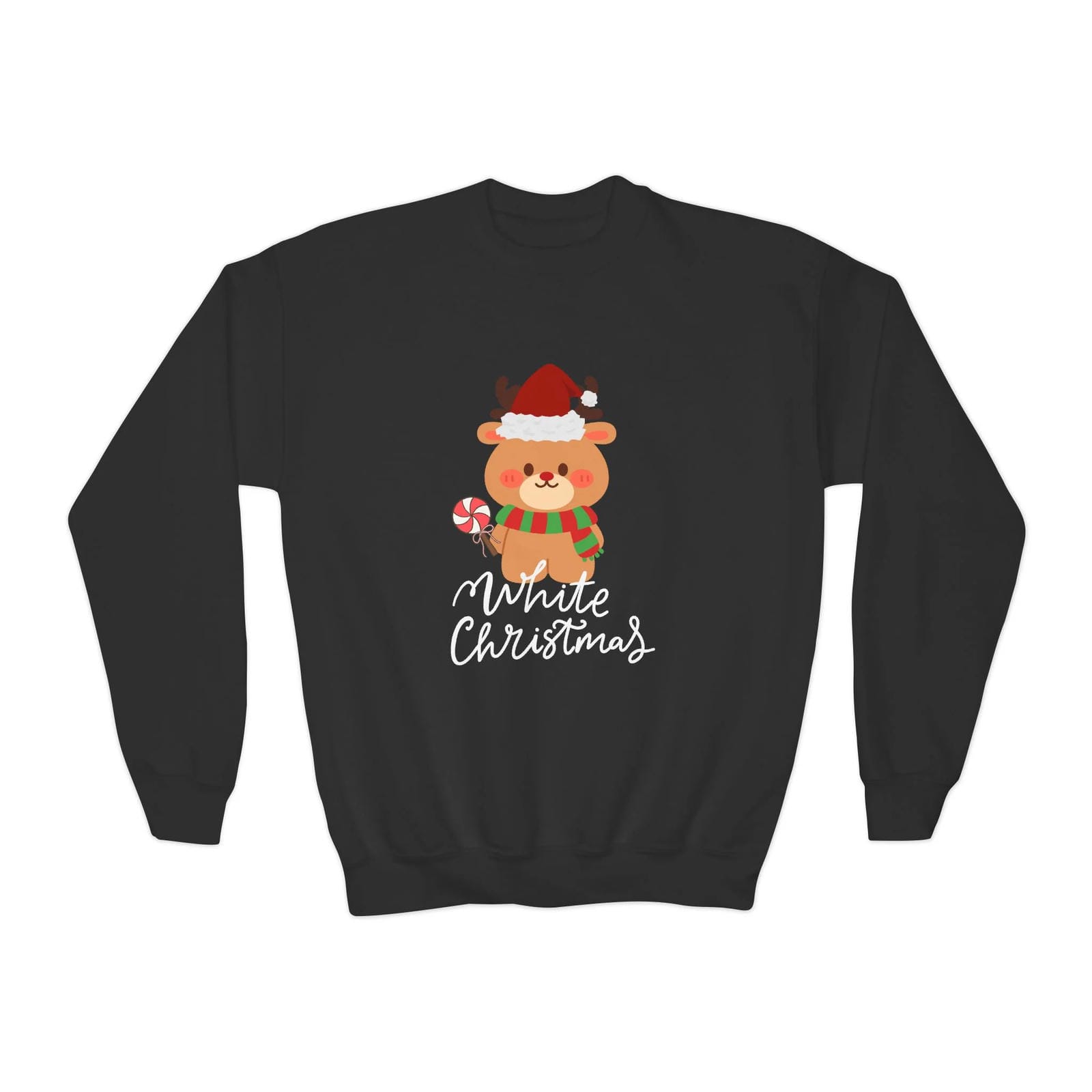 Black sweatshirt with a Christmas-themed design of a reindeer and text on a white background