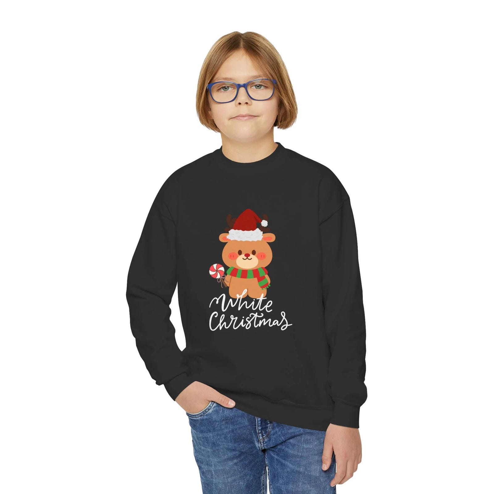 Child wearing a black sweatshirt with a Christmas design and text on a white background
