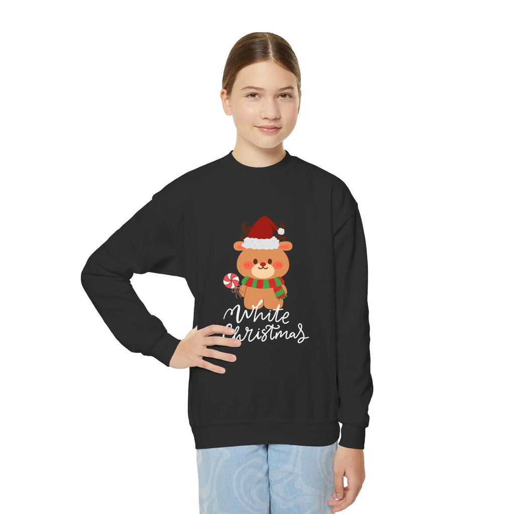 Person wearing a black sweatshirt with a Christmas-themed design on a white background