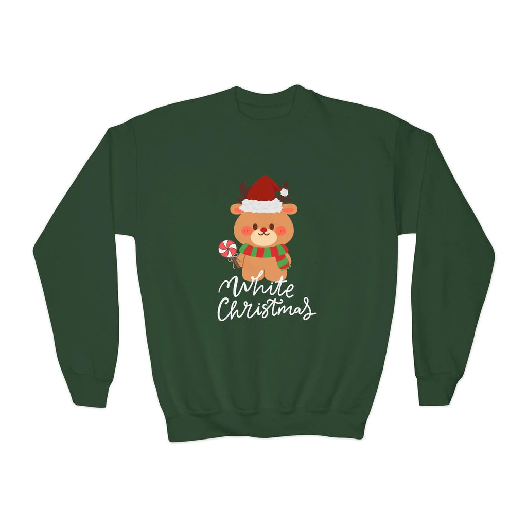 Green sweatshirt with a Christmas-themed design of a reindeer and text on a white background