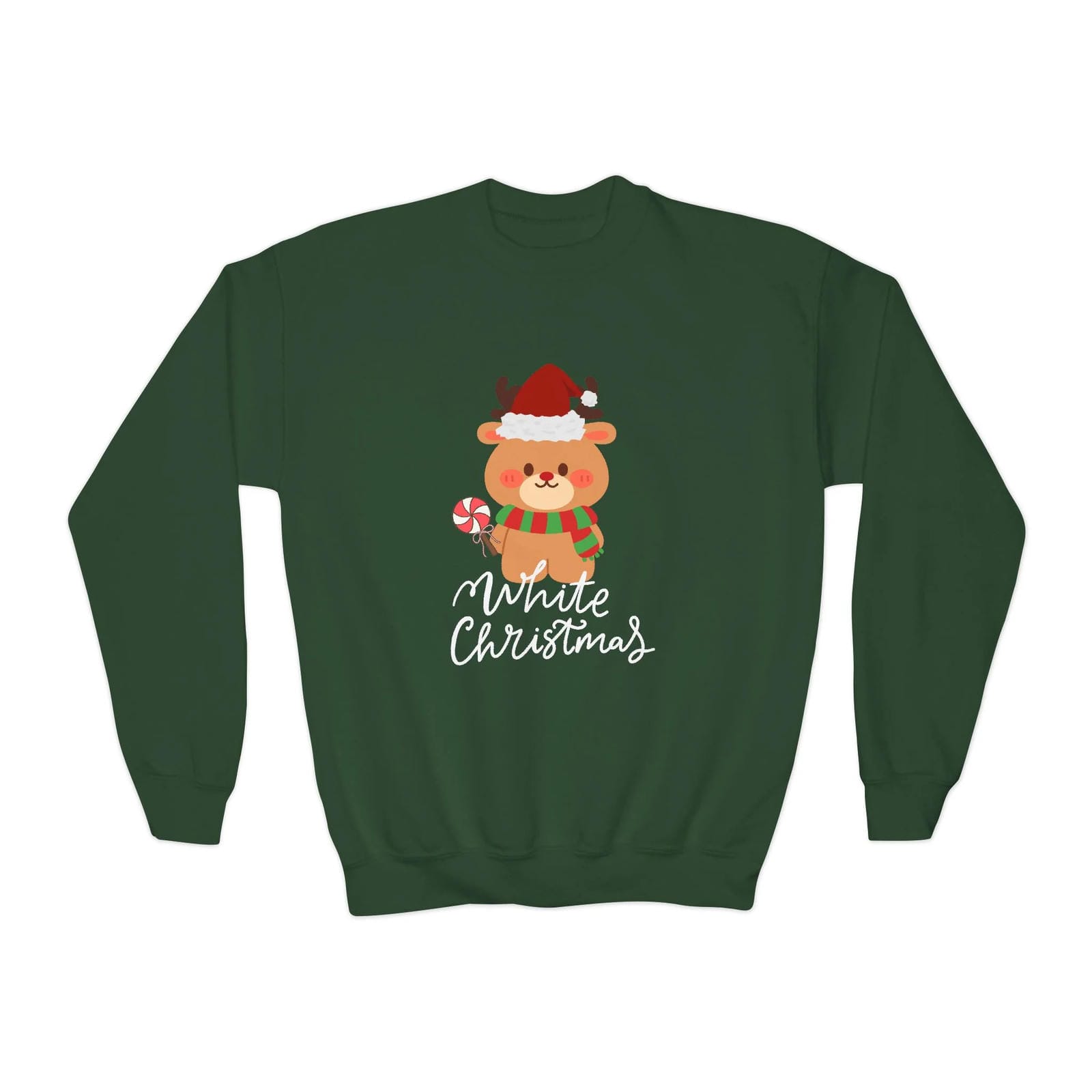 Green sweatshirt with a Christmas-themed design of a reindeer and text on a white background