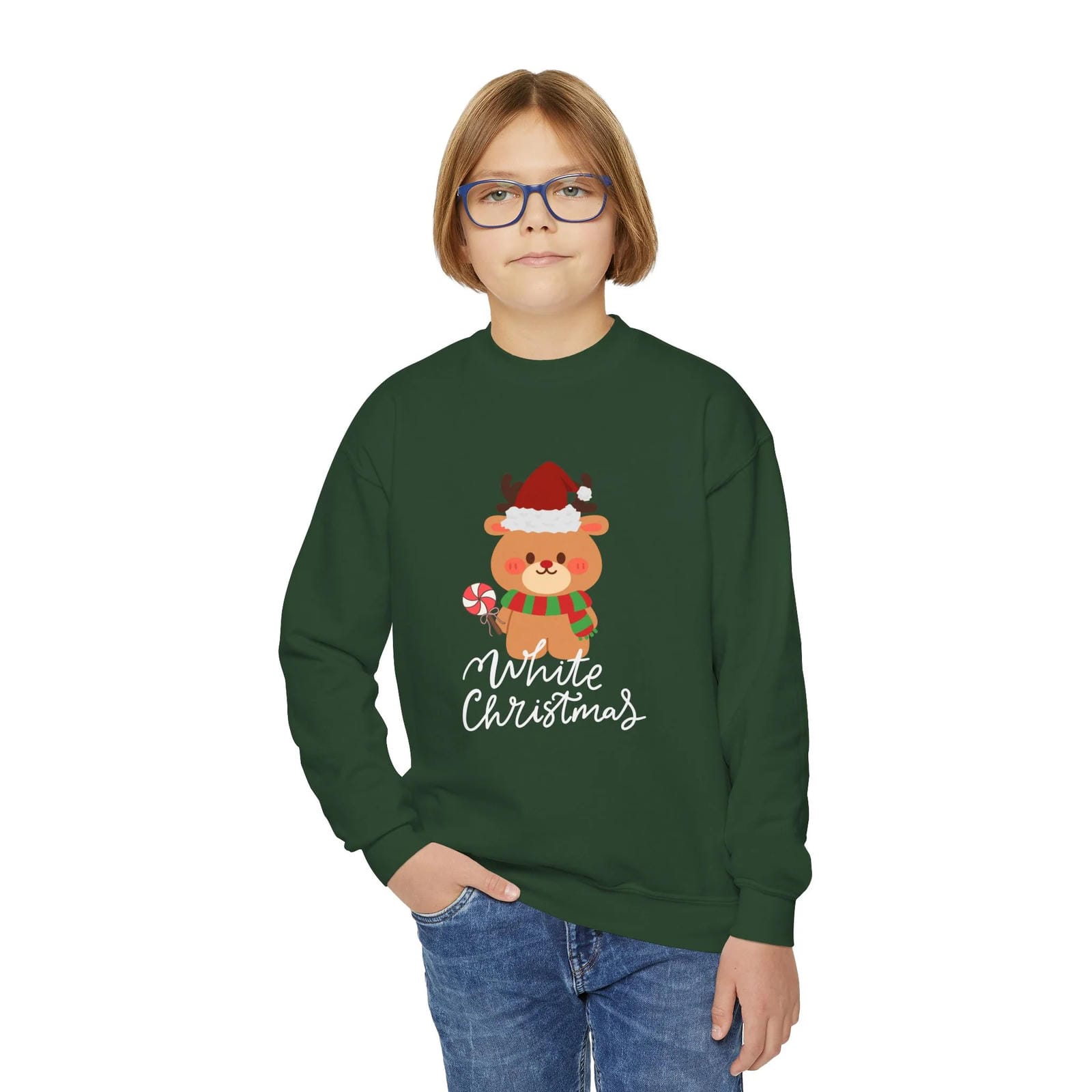 Child wearing a green sweatshirt with a Christmas design on a white background