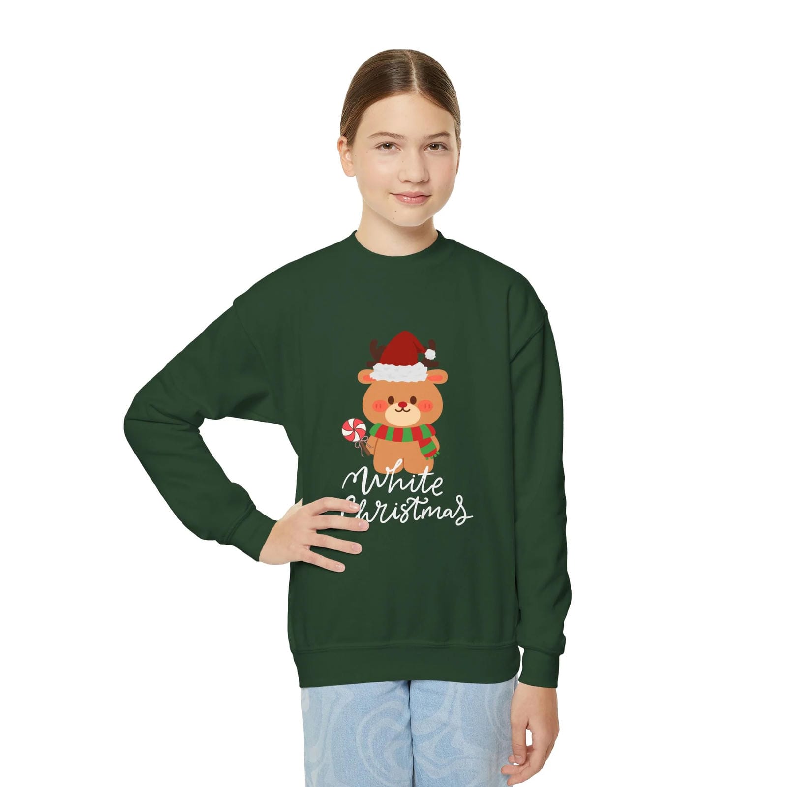 Person wearing a green sweatshirt with a Christmas-themed design on a white background
