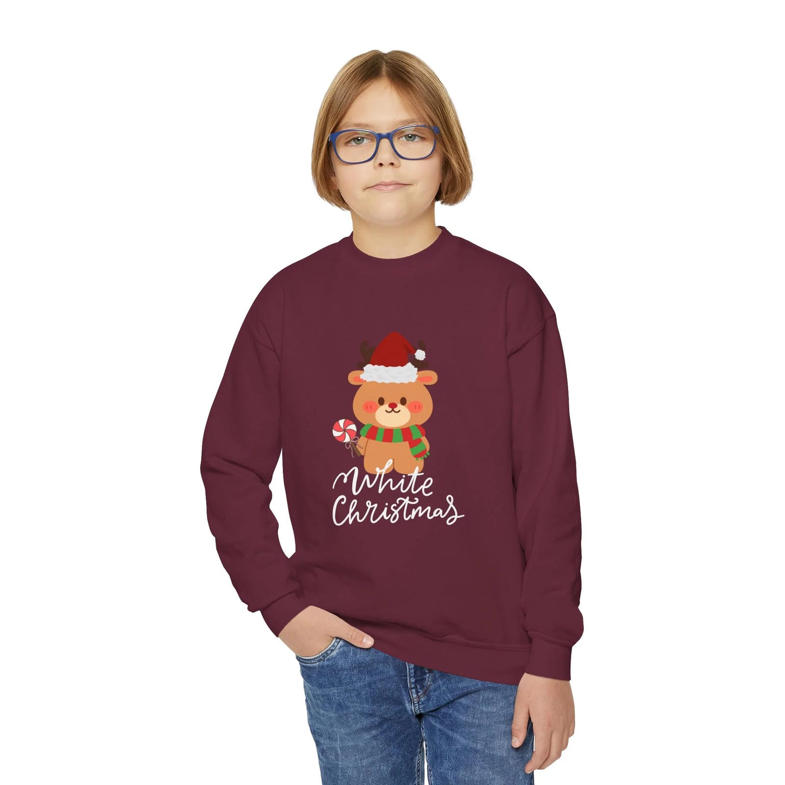 Child wearing a maroon sweatshirt with a Christmas design on a white background