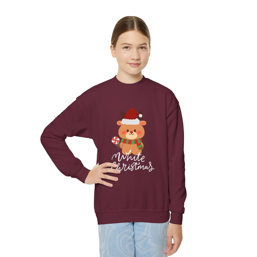 Person wearing a maroon sweatshirt with a Christmas-themed design on a white background