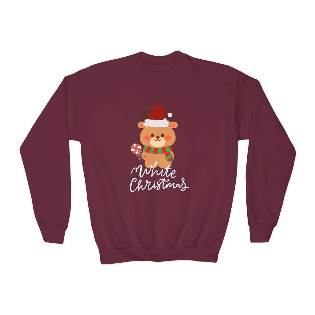 Maroon sweatshirt with a Christmas-themed design featuring a reindeer and candy cane on a white background.