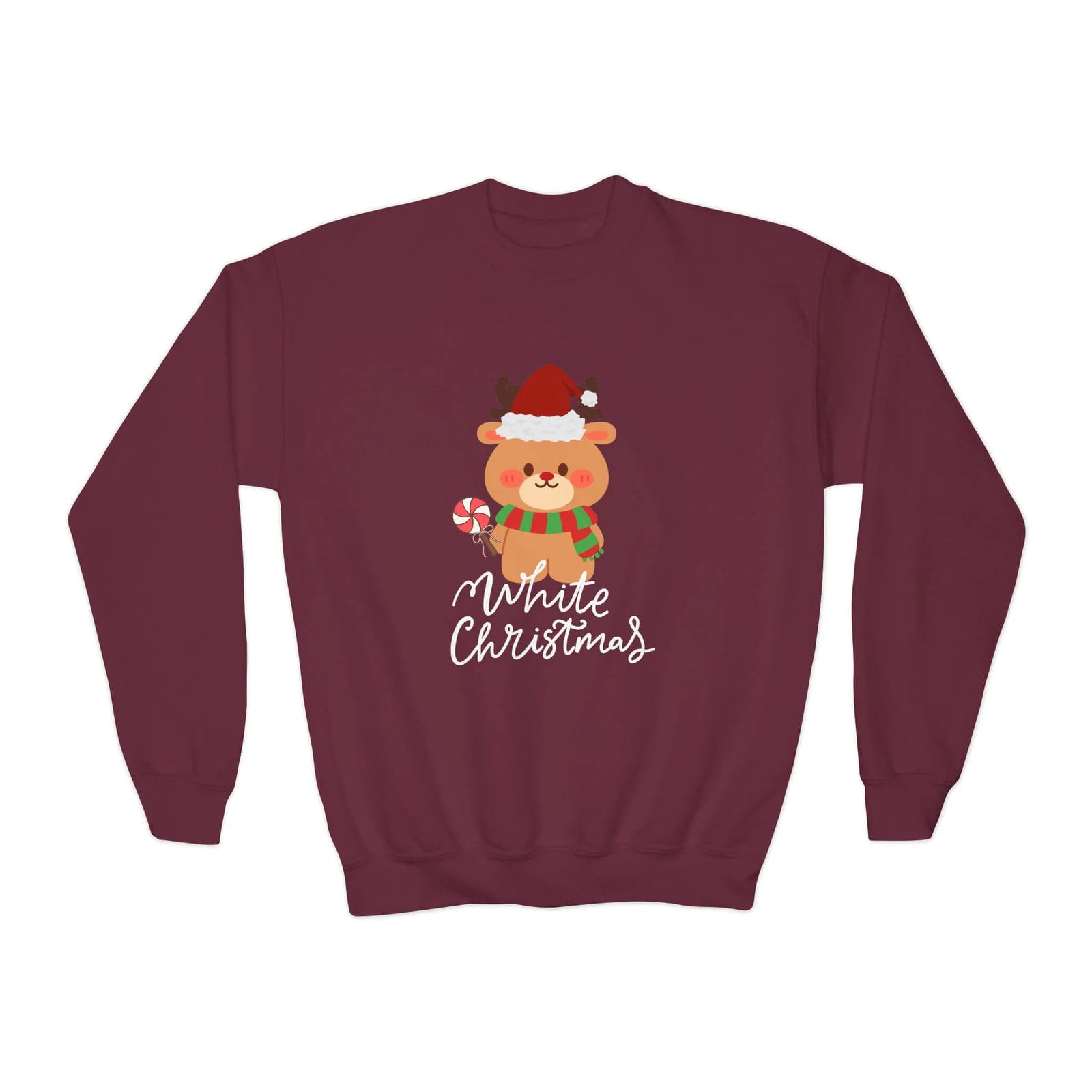 Maroon sweatshirt with a Christmas-themed design featuring a reindeer and candy cane on a white background.