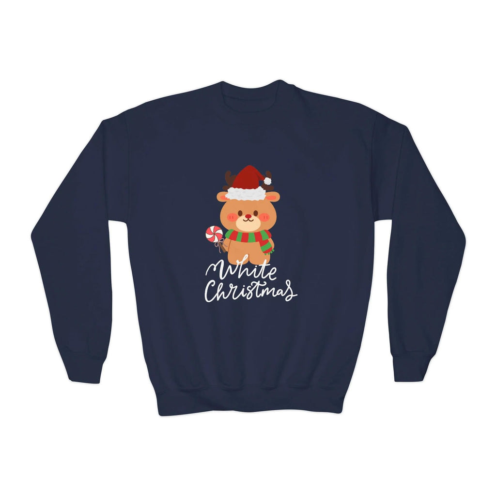 Navy blue sweatshirt with a Christmas-themed design of a reindeer on a white background