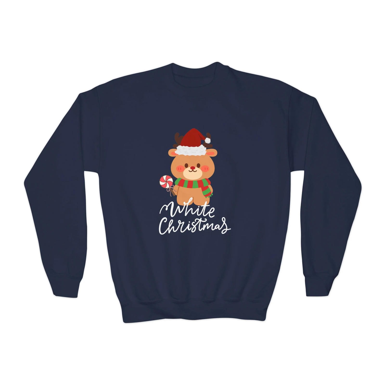 Navy blue sweatshirt with a Christmas-themed design of a reindeer on a white background