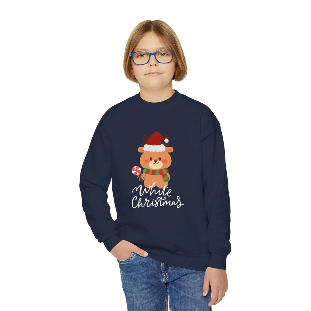 Child wearing a navy blue sweatshirt with a Christmas design on a white background