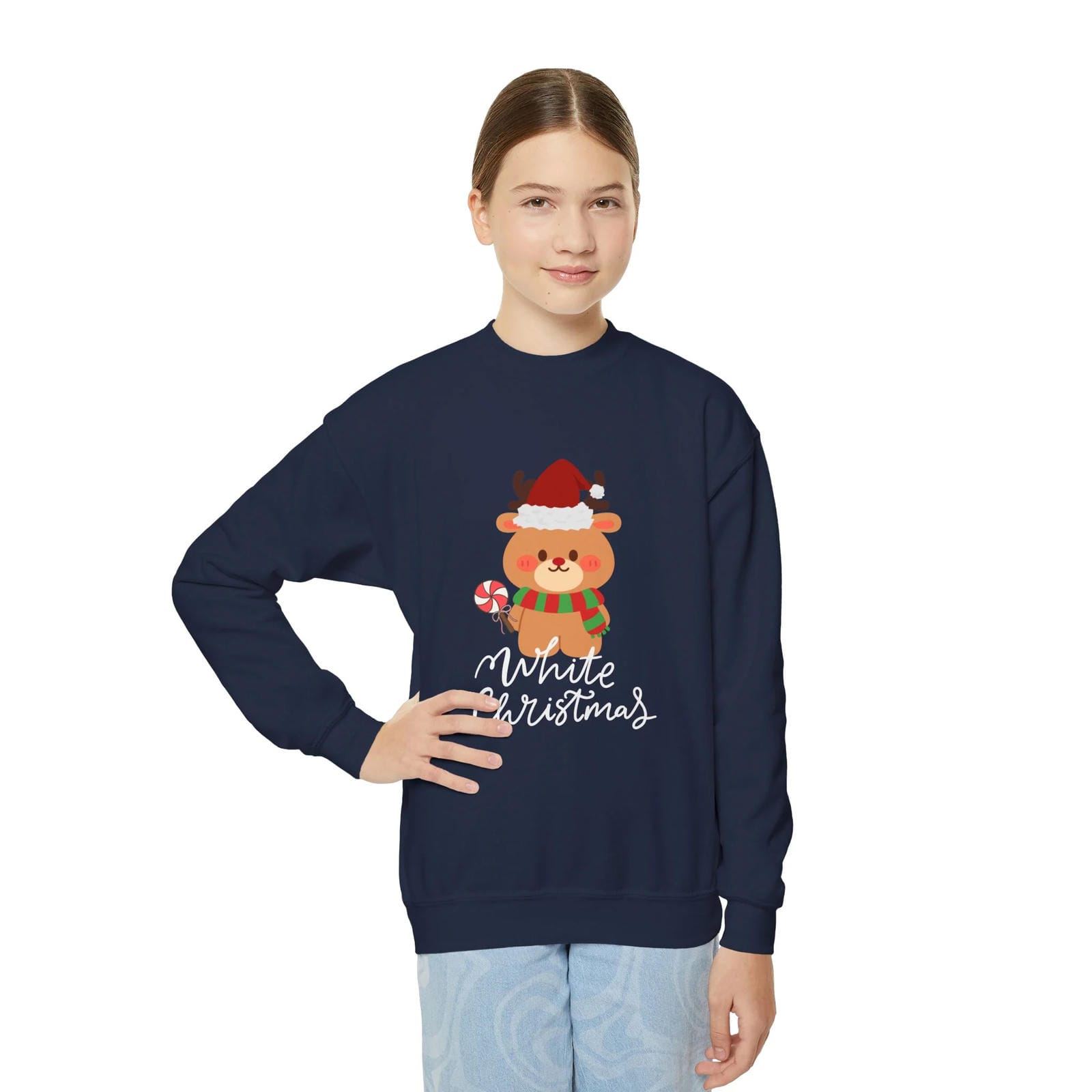 Navy blue sweatshirt with a Christmas-themed design of a bear wearing a Santa hat and candy cane, on a white background.
