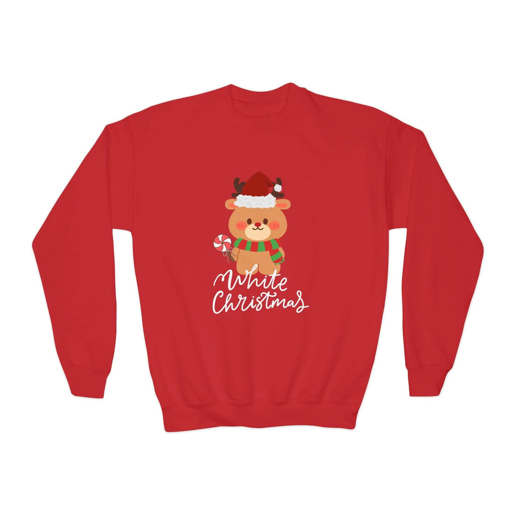 Red sweatshirt with a Christmas-themed design of a reindeer and text on a white background