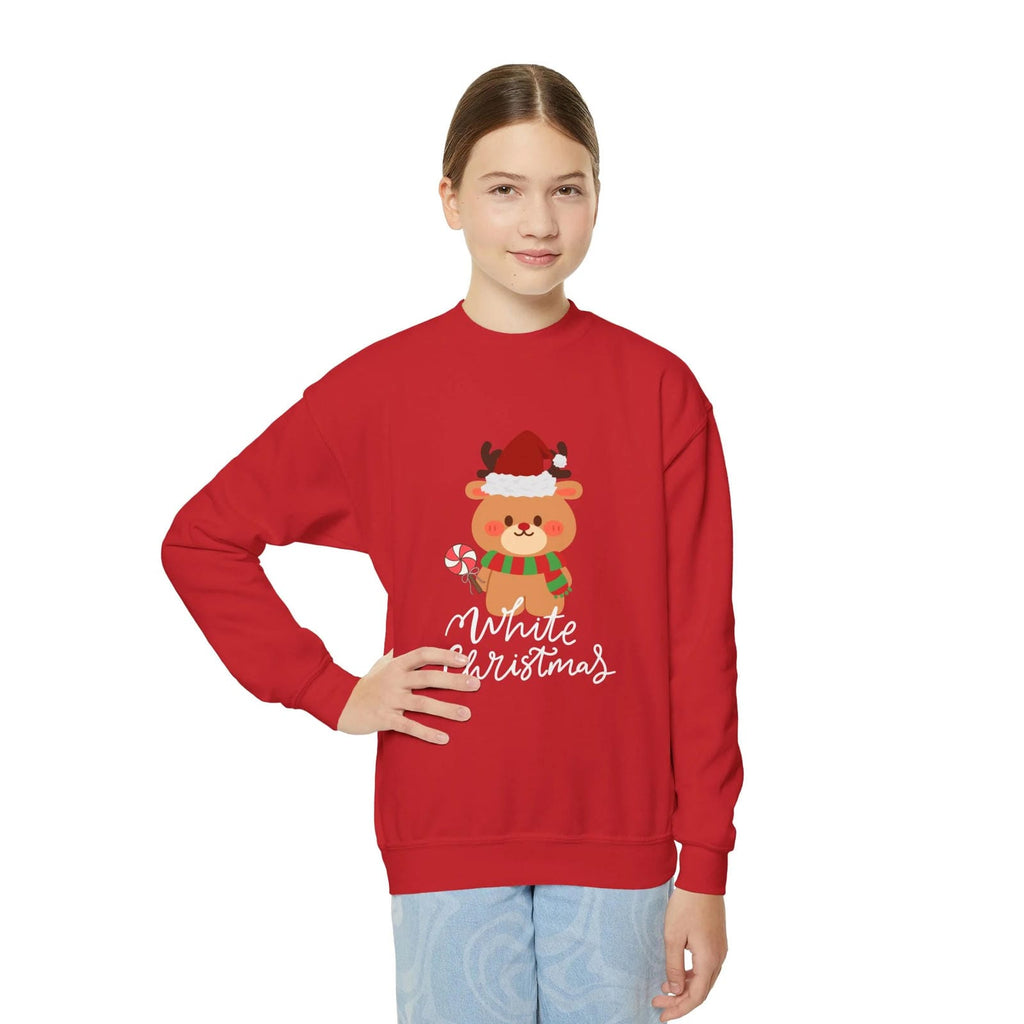 Person wearing a red Christmas-themed sweatshirt with a bear design and 'White Christmas' text.