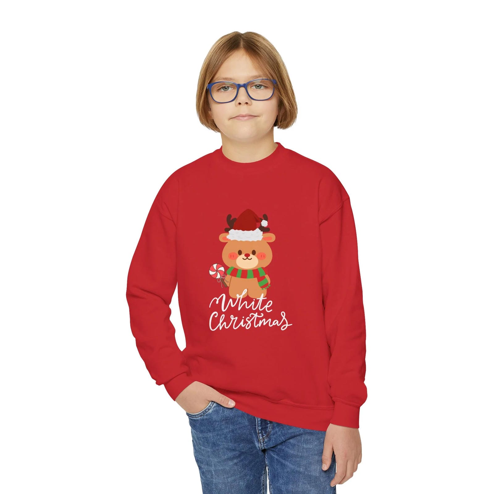 Child wearing a red 'White Christmas' sweater with a reindeer design on a white background
