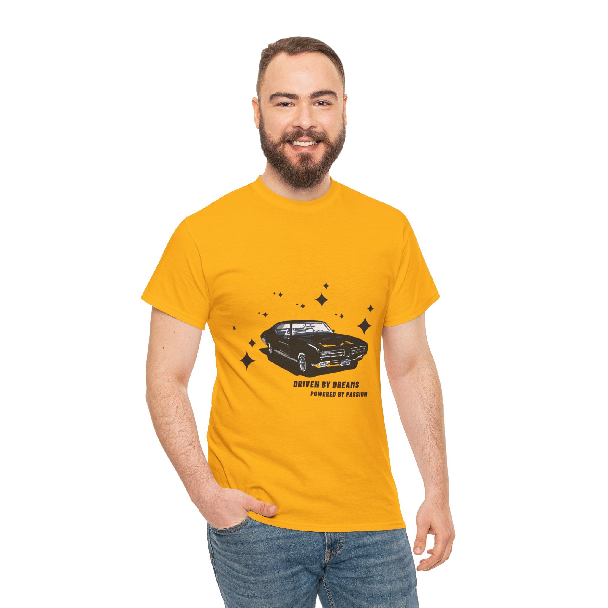 Man wearing a Gold t-shirt with a car graphic and text on a white background