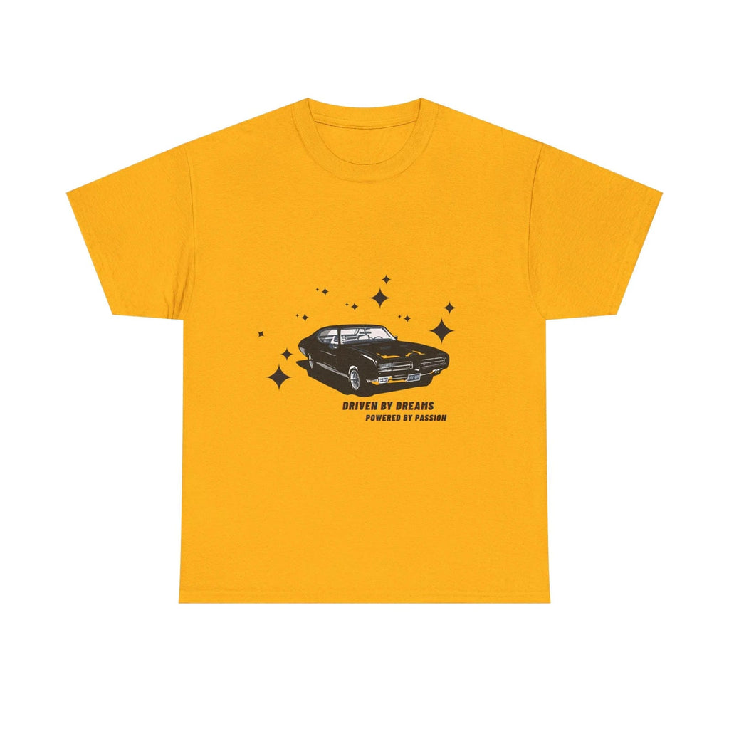 Gold t-shirt with a car graphic and text on a white background