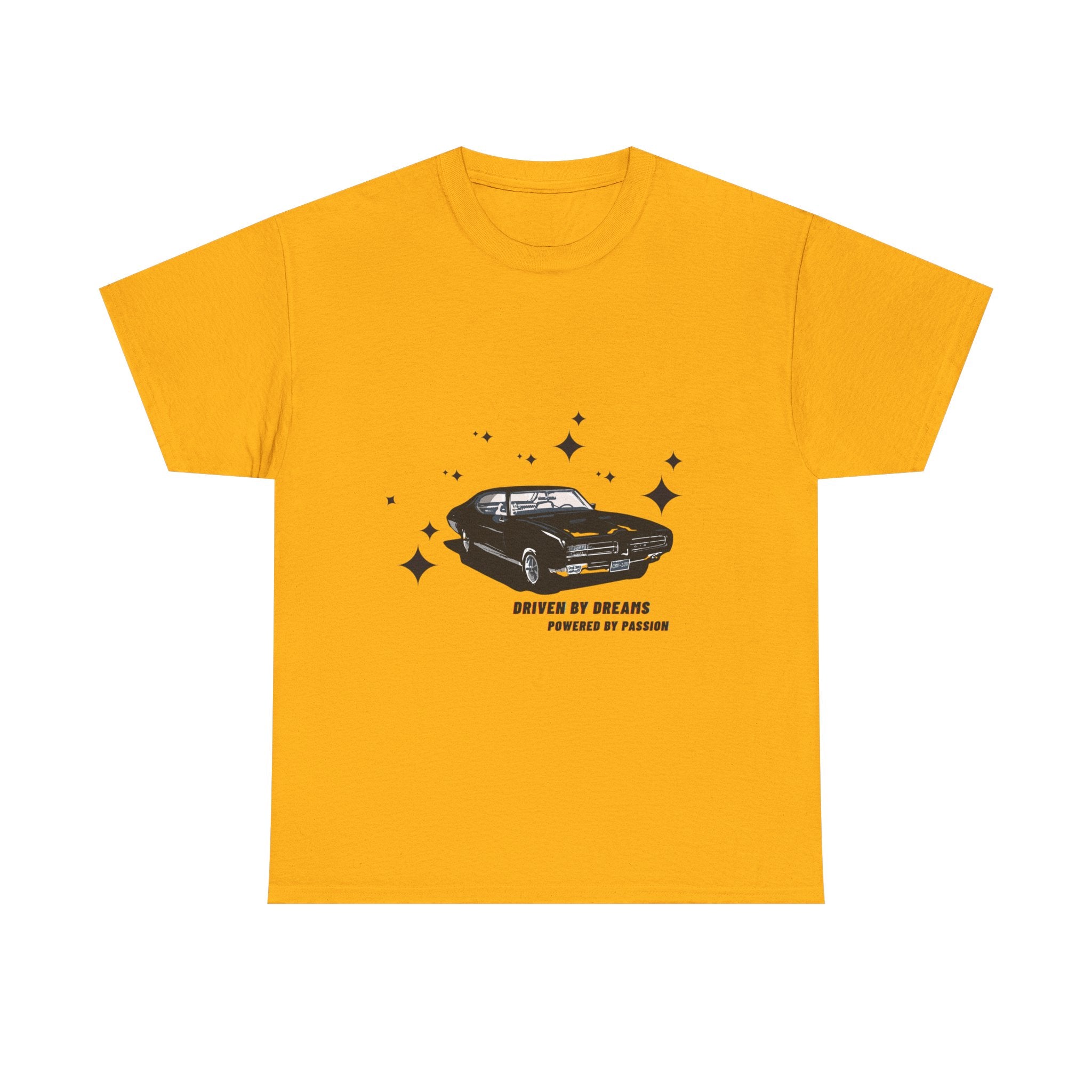 Gold t-shirt with a car graphic and text on a white background