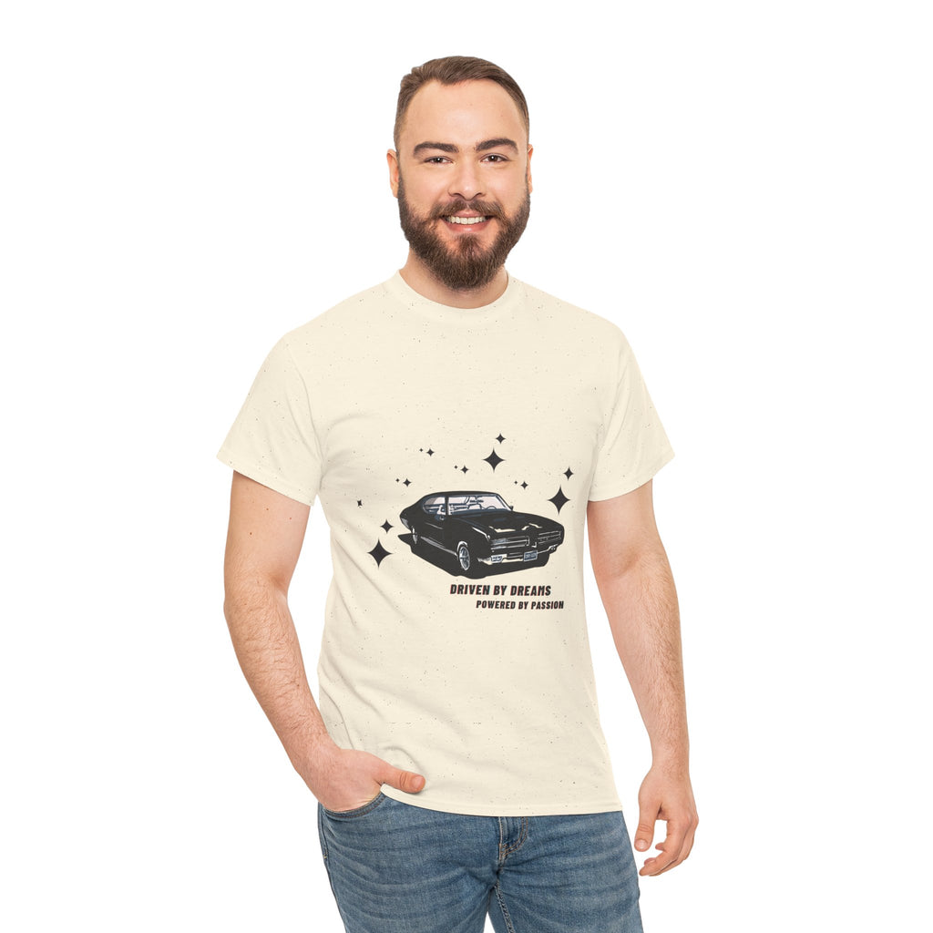 Man wearing a natural t-shirt with a car graphic and text on a white background