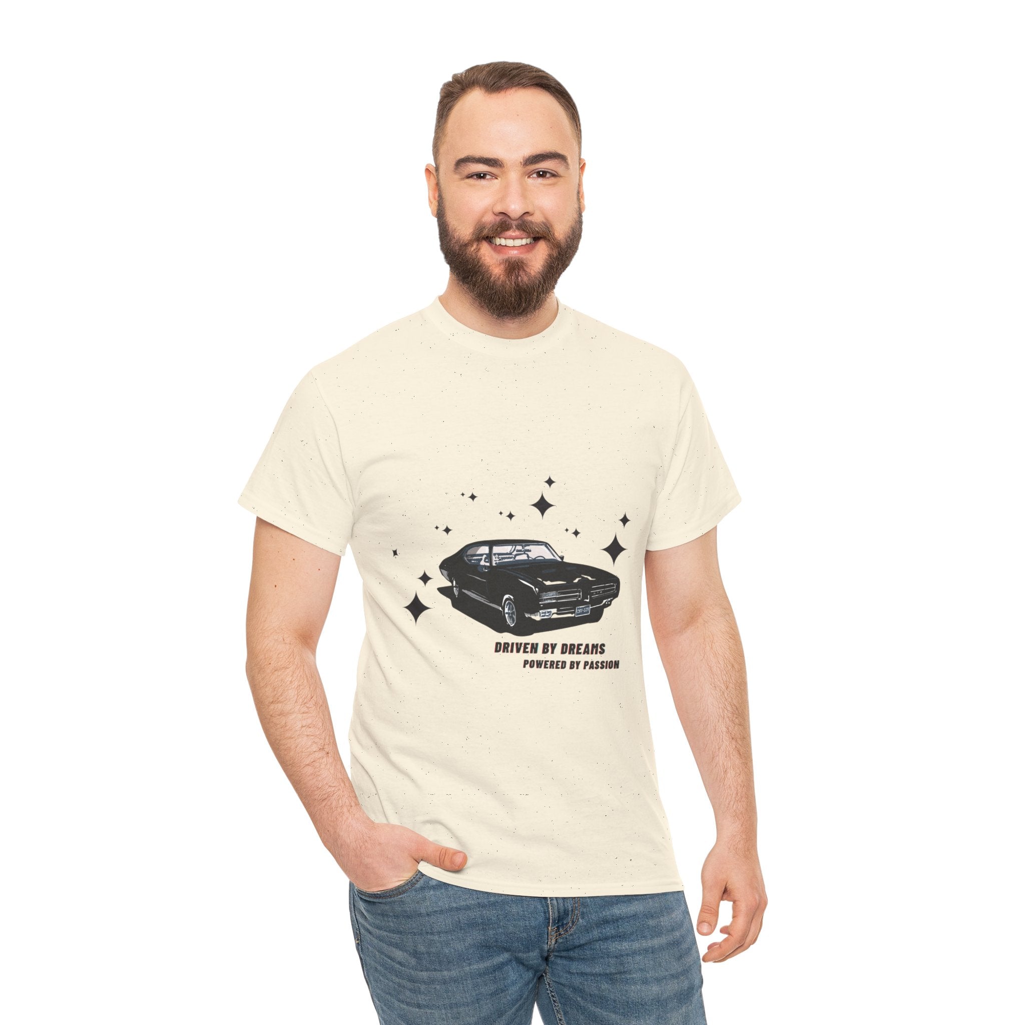 Man wearing a natural t-shirt with a car graphic and text on a white background