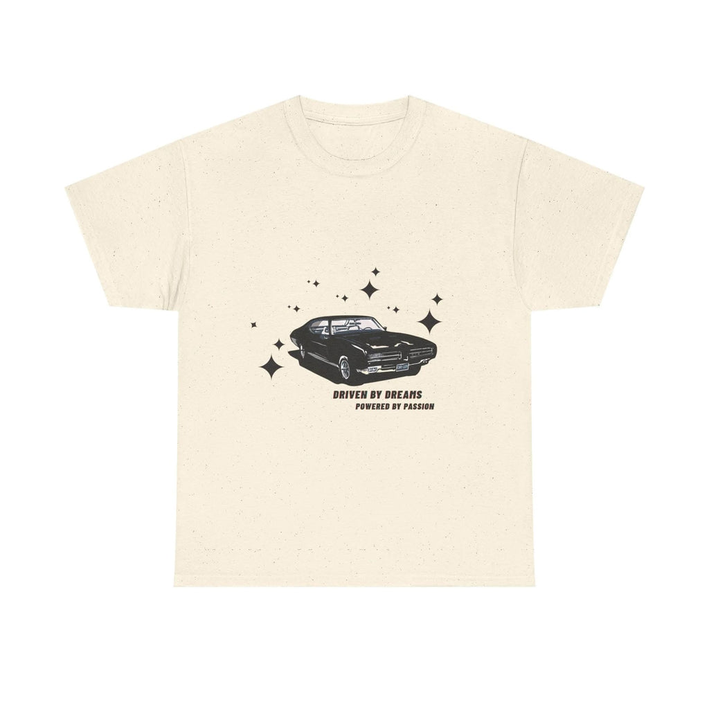 Natural t-shirt with black car graphic and text on a white background