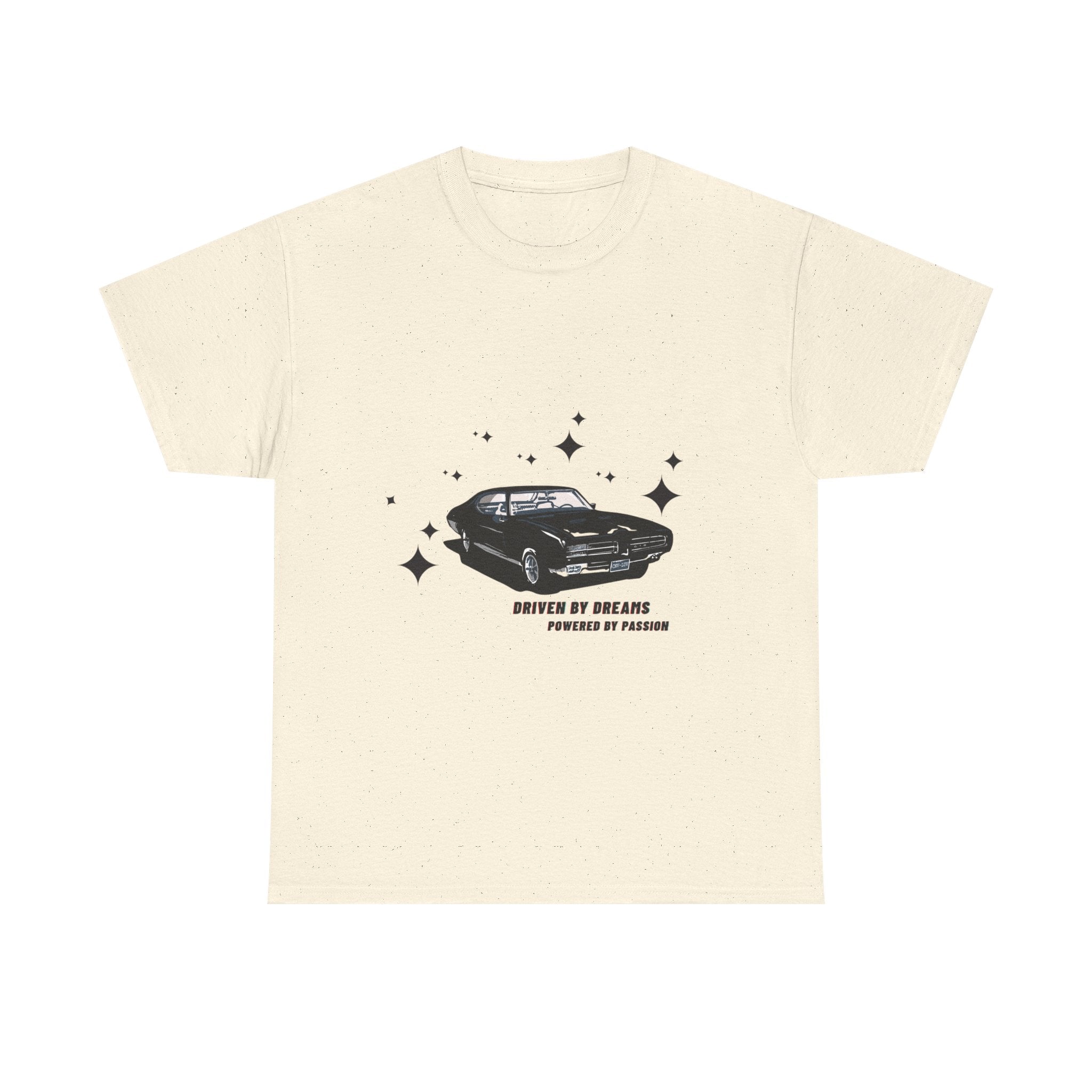 Natural t-shirt with black car graphic and text on a white background
