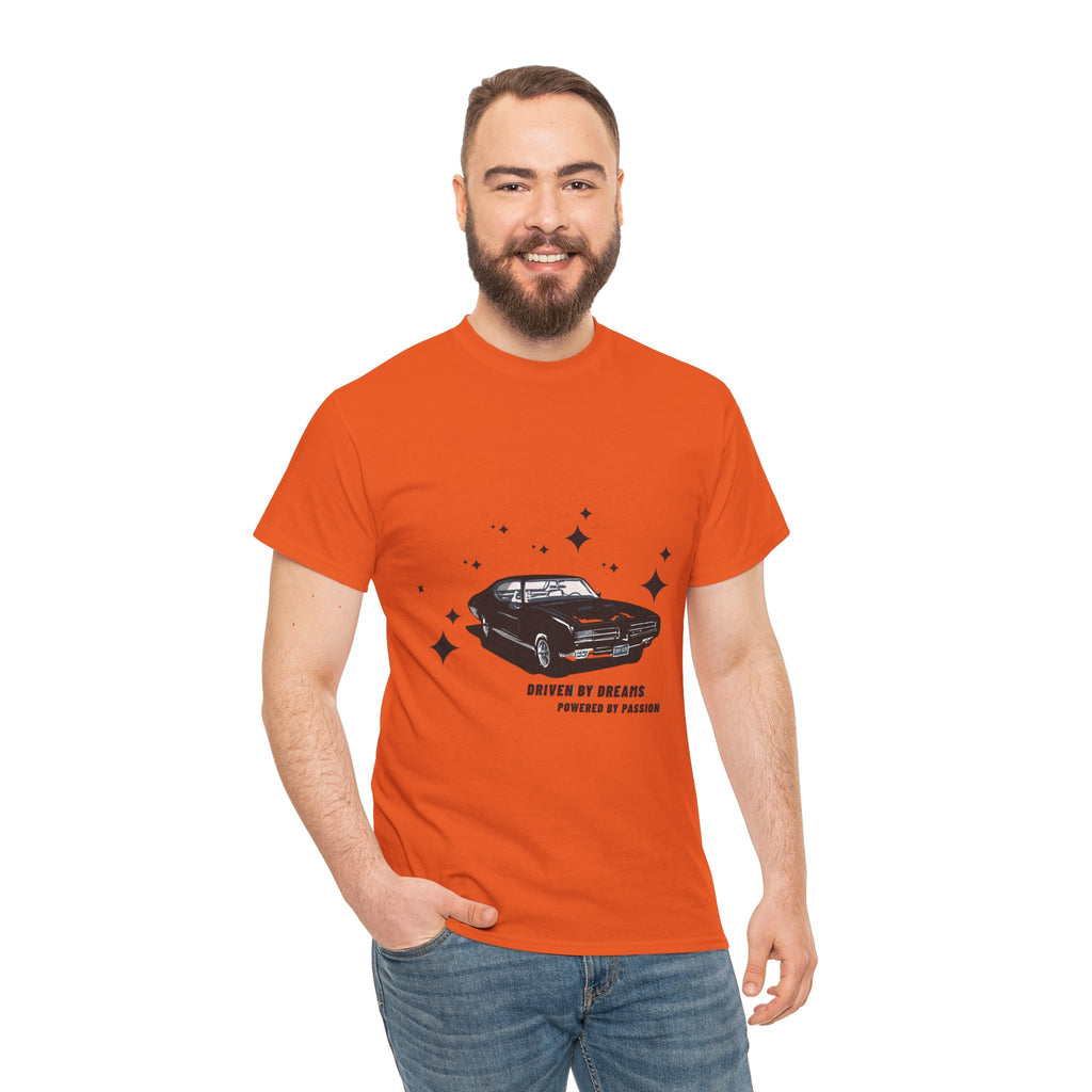 Man wearing an orange t-shirt with a car graphic and text on a white background